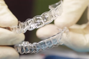 A hand holding clear plastic braces.