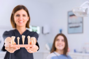 A woman holding a plastic model of teeth.